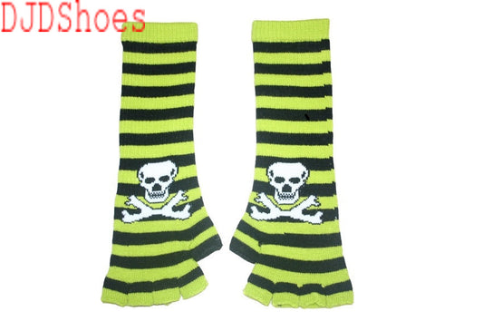 Black and Green Skull Arm Length Fingerless Gloves