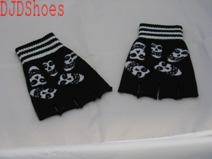 Black and White Ghoul Faces Fingerless Gloves